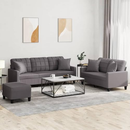 ROMHZKS Langlebige Kunstleder Sofagarnitur mit Hocker, Schmutzabweisendem Bezug und Robustem Metallgestell, Bequemes Sitzset für Wohnzimmer, Graue Couchgarnitur mit Quadratischen