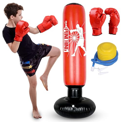Sacco da boxe gonfiabile per bambini dai 6 ai 12 anni, sacco da boxe gonfiabile da 170 cm, sacco da boxe da terra per bambini, con guanti da boxe e pompa, per allenamento, karate, taekwondo, boxe