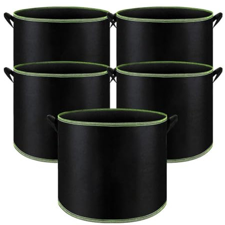 Whychstore Lot de 5 pots de culture en tissu, sacs d'aération noirs de 9 à 50 litres avec poignées renforcées, conteneurs non tissés sans BPA pour jardinage
