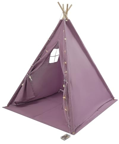 Tipi tält för barn, barntält, Tippi barntält, matta ljuskedja, vikbart lektält barn, segelduk, inomhustält för inomhus, utomhus, barnrum, lekhus, 120 x 120 x 140 cm (lila)