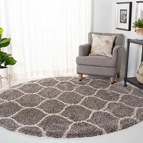 SAFAVIEH Hudson Shag Collection 7' Round Grey/Ivory SGH280B Moroccan Ogee Trellis Non-Shedding Living Room Bedroom Dining Room Entryway Plush 2-inch Thick Area Rug