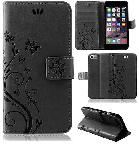 betterfon Hülle Kompatibel mit Apple iPhone 8 | Premium PU Leder Handyhülle Wallet Case für iPhone 8 | Schutzhülle Blumen Klapphülle Handyhülle | Schwarz