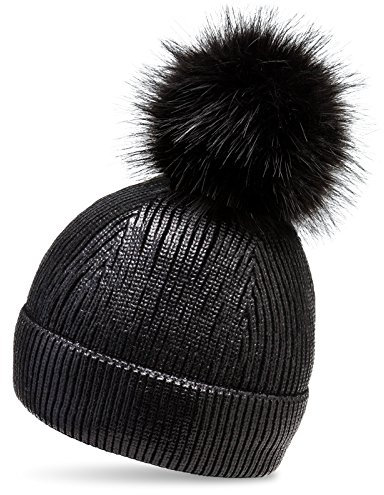 Caspar MU192 Damen Metallic Glitzer Bommelmütze gefüttert mit XL Bommel, Größe:One Size, Farbe:schwarz metallic