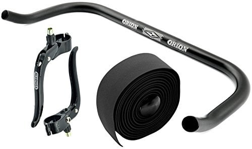 Permanent-Fahrrad Bullhorn Fixie Singlespeed Rennrad Triathlon Lenker 440mm Schwarz mit Bremshebel und Schwarzem Lenkerband