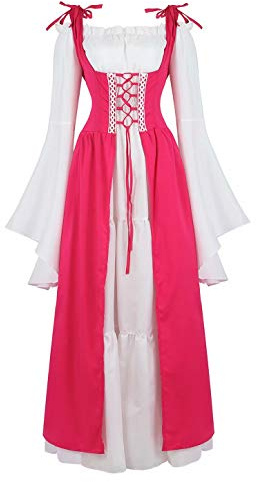 jutrisujo Rinascimentale Medievale Abito Costume Manica Lunga Fancy Cosplay Vestito Donna Vintage Carnevale Partito Halloween Rosa Rossa S