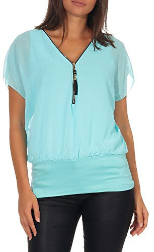 Malito Damen Kurzarm Bluse im Fledermaus Look | Tunika mit Zipper | T-Shirt mit breitem Bund | Shirt - elegant 6298 (türkis)