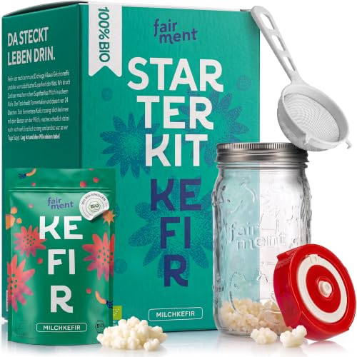 fairment Milch Kefir Starter Set - Anfängerfreundlich | Sofort Startklar | 100% Bio Kefirkultur - Mit Zubehör + Handbuch + Zugang zu Kefir-Brauer-Community - Original fairment Milchkefir Starterkit