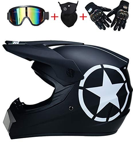 AKBOY Motocross Helm Adult Mountainbike Helm BMX Crosshelm Erwachsener Off Road Helm Herren Dirt Bike ATV Motorrad Helm Schwarz Stern Downhill Cross Enduro mit Handschuhe Brille Maske,M