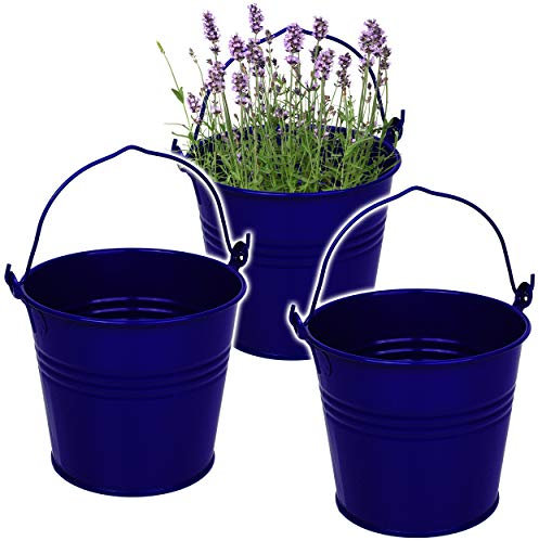 3 Stück kleine - Metalleimer/Blumentöpfe - royal blau - 15 cm hoch - 2 Liter - Metall rostfrei - Blech Eimer - rund - mit 3-D Effekt Rillen Prägung - mit ..