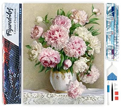 Figured'Art Diamond Painting Kit completo - Cuadro 40x50cm de Pintura de Diamante - Lienzo entero enrollado con diamantes de imitación cuadrados - Ramo de peonías - 5D DIY Manualidades Adultos
