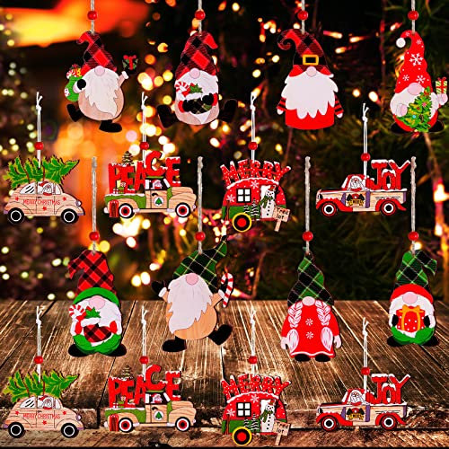 Blulu 16 Stück Weihnachten Holz hängende Ornamente Holz Auto LKW Ornamente Zwerg Weihnachten Ornament Xmas Holz Weihnachtsmann Wichtel Elf Ausschnitte Holz Dekoration für Weihnachtsbaum Haus