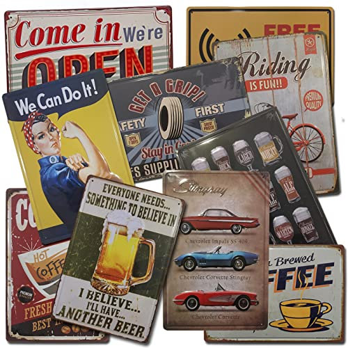Placas Decorativas Vintage | Set de 10 Chapas Metálicas Surtidas | Decoración Retro | Tamaño 20x30 | Surtido Premium Boemy