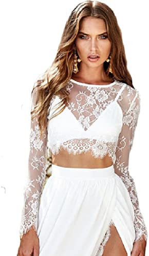 Lalia Chemisier Dirndl, peut également être porté sans Dirndl, manches longues en dentelle noire et blanche, super moderne, chemisier court extravagant, chemisier traditionnel, Blanc., 48