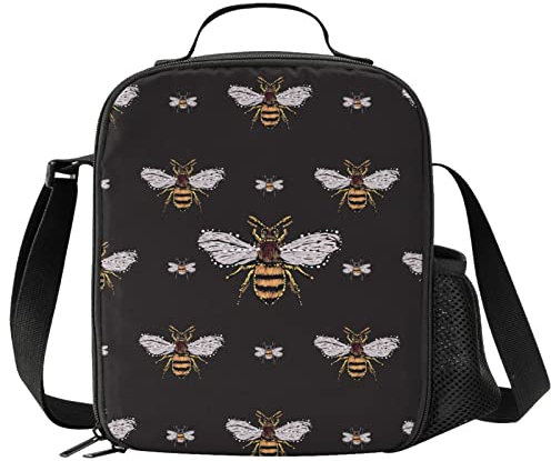 VunKo Funny Honey Bee Kids Insulated Bees Lunch Bag Small Cute Thermal Tote Bag Built Back to School Lunch Bags with Water Bottle Holder Shoulder Strap for Teens Girls Boys