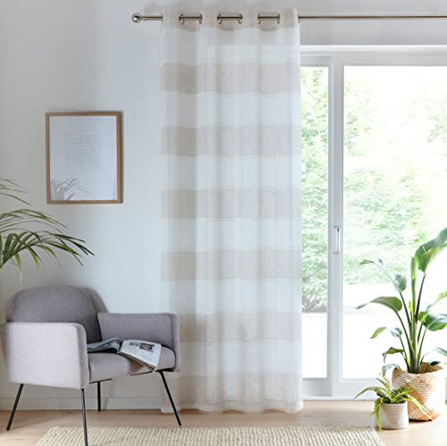 Tyrone Textiles Santorini Voile Panel - Linen Look Panel with Horizontal Coloured Stripes with an Eyelet header (Natural, Drop - 90 (229cm))