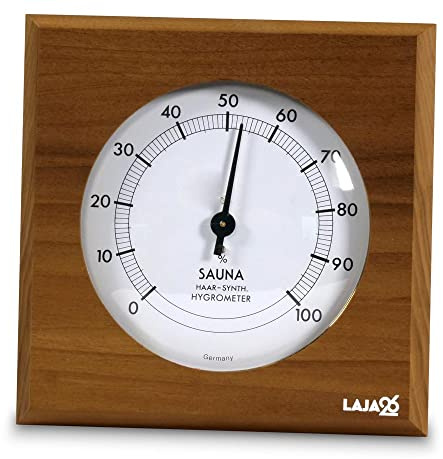 LaJa26 Sauna Hygrometer - FSC Thermo-Espenholz - Misst Luftfeuchtigkeit - Bimetalltechnik - Synthetik-Haar - Analog - Beständig gegen Wärme und Luftfeuchtigkeit - Fertig montiert - Made in Europe
