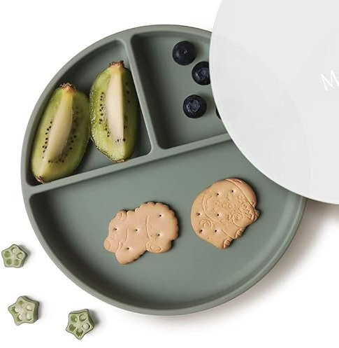 Moonkie Assiettes à Succion pour Bébés et Jeunes Enfants | Assiettes à Séparation en Silicone sans BPA avec Couvercle | Lavable au Micro-ondes et au Lave-vaisselle - 1 Pack (Sage)