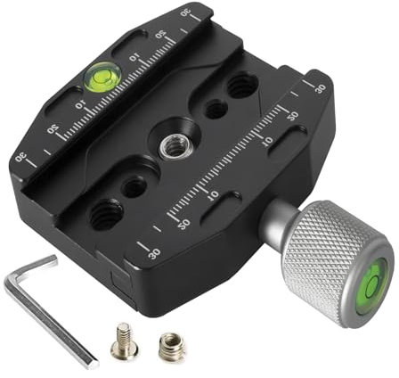 Regetek Arca Swiss Schnellspannklemme, Aluminium, 70 mm, Arca QR Klemme 3/8 Zoll mit 1/4 Zoll Schraube und Wasserwaage, verstellbarer Hebelknauf, kompatibel mit Arca-Swiss Plate Stativ Kugelkopf