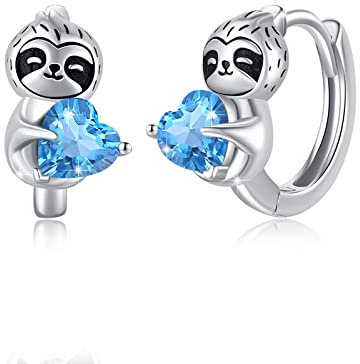 Faultier Creolen 925 Sterling Silber Ohrringe Mit Blaue Herz Zirkonia - Tier Schmuck Geschenke für Frauen, Mädchen, Kinder, Tochter, Damen, Mutter