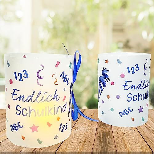 12 Blau Windlicht Tischdeko Einschulung, Schulanfang Endlich Schulkind Deko Junge, Motiv Schultüte