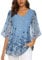 Syphiby Chiffon Tops for Women UK Ladies V Neck 3/4 Sleeve Tunic Tops Double Layers Elastic Mesh Blouses Shirts Wedding Church Office Work Wear Fashion Tops Multicolor Blue-XL