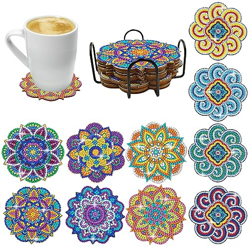AFUNTA Diamant-Gemälde-Untersetzer, 10 Stück, Mandala-Diamant-Kunst-Untersetzer, Diamant-Gemälde-Untersetzer-Set mit Halter, Diamant-Kunst-Sets für Erwachsene