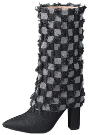 Stivaletti Donna con Risvolto in Denim con Piega a Scacchiera Stivali Alti al Ginocchio Blu con Tacco Grosso e Punta Sexy a Punta Comodi Stivali Lunghi da Festa alla Moda,Nero,41 EU