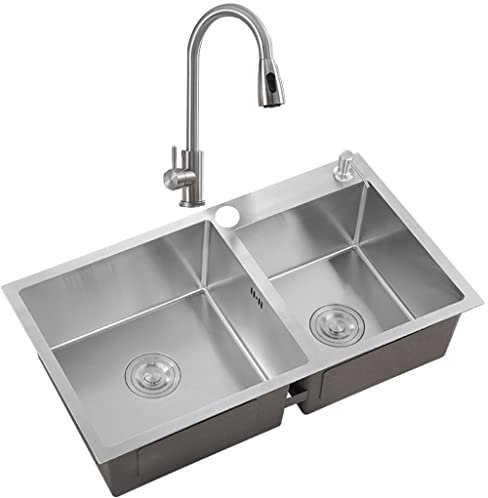 WIQUYBML Spülbecken. Bar-Doppelwaschbecken aus Edelstahl, Einbau- oder Unterbauinstallation mit Ablaufgarnitur und Zughahn/Silber/75 * 40 * 20 cm