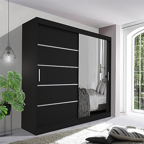 German Sliding Wardrobe Spacious Bedroom Sliding Wardrobe - Sleek and Functional Design comes in White/Grey/Black/Oak and Width 120cm/150cm/180cm/203cm/250cm (Black, 203cm)