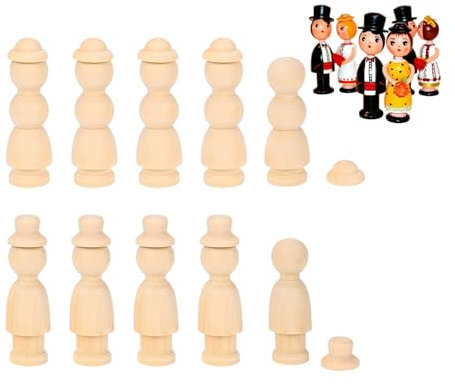 LUUFAN Holzklammer-Puppen, unlackiertes Holz, weiblich, männlich mit Hüten, Menschenform, Natur, schlichter Holzkörper, Puppen für Kinder, Kunsthandwerksprojekte, DIY (10 Stück)