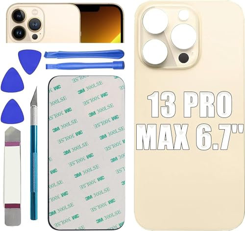 Mingxiong 13 Pro Max Rear Back Glass Cover Replacement for iPhone 13 Pro Max 6.7'' Battery Door Panel with Big Hole Rear Back Cover Glass Replacement with Reparing Tool Kit(Gold)