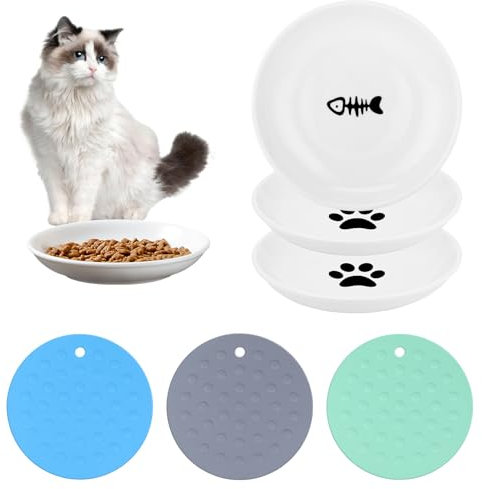 Lot de 3 gamelles plates en céramique pour chat avec 3 tapis antidérapants - Gamelles de nourriture pour chat de fatigue des moustaches - Gamelles humides pour chat, chaton, chien - Griffes de chat