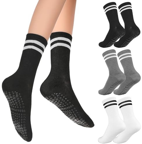 Lusofie Yoga Socken für Damen 3 Paar Rutschfeste Socken Damen Pilates Socken Socken für Yoga Barre Tanz Pilates Trampolin Fitness (Schwarz, Weiß, Grau)