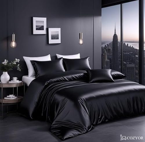 Cozyor Satin Bettwäsche 155x200 extra dick und weich mit robustem Reißverschluss 2X Kissenbezug 40x80 cm, edles Satin 3-teilig, schwarz Eclipse