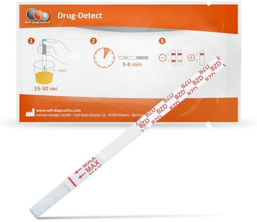 self-diagnostics Drogentest Benzodiazepine | 5 Urinteststreifen | Drogenschnelltest zum Nachweis von Konsum in Urinproben | Selbsttest mit Cut-off 300 ng/mL