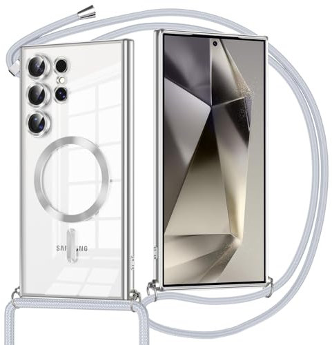 Oelrstfe Coque Magnétique pour Samsung Galaxy S24 Ultra avec Cordon, Transparent Housse Étui Compatible avec MagSafe Case avec Collier Lanyard Ultra Mince Souple TPU Silicone Camera Antichoc,Argent