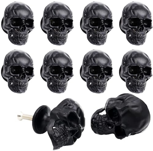 KOTUWA Totenkopf-Schrankknäufe, 10 Stück, Dekorknäufe, Einzelloch, Ziehgriff für Küchenschrank, Schublade, Kommode und Schrankgriff, Zinklegierung, 6,6 x 3,3 cm (schwarz)