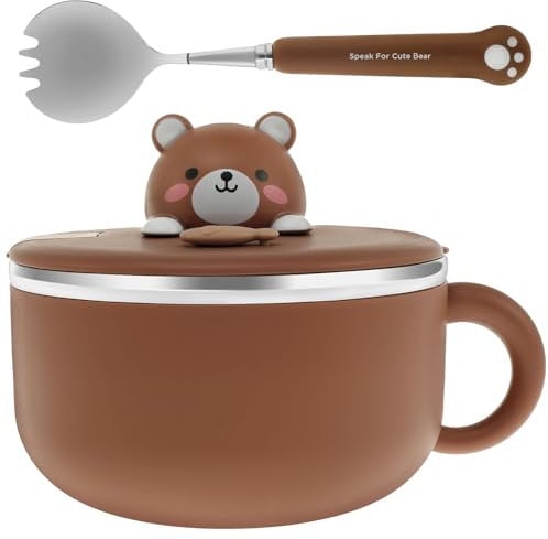 Gatphy 1200ml Rapid Ramen Bowl with Filterable Lid, 304 Stainless Steel Noodle Bowl BPA Free Ramen Cooker, Microwave Noodle Bowls with Fork Spoon Portable Soup Bowls for Dorm Home Office (Brown)