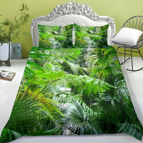 FABTOP Tropisch Dschungel Regenwald Bettwäsche Set 135x200cm 3D Dschungel Palmen Blätter Muster Bettbezug Grün Dschungel Botanisch Pflanze Grüne Blätter Bettwäsche (2,200 x 200 cm)