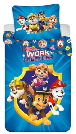 Bettwäsche Paw Patrol, wendbar, Bettbezug 140 x 200 cm + Kissenbezug 65 x 65 cm, 100 % Baumwolle, Blau, mit Chase, Marcus, Stella und Ruben