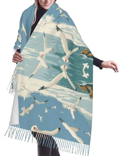 DRGFCXE Damen-Schal, Motiv: Möwe und der Leuchtturm, Kaschmir-Quaste, leicht, mit Fransen, Vintage-Schal, Herbst/Winter, Fransenschal, Schwarz , Einheitsgröße
