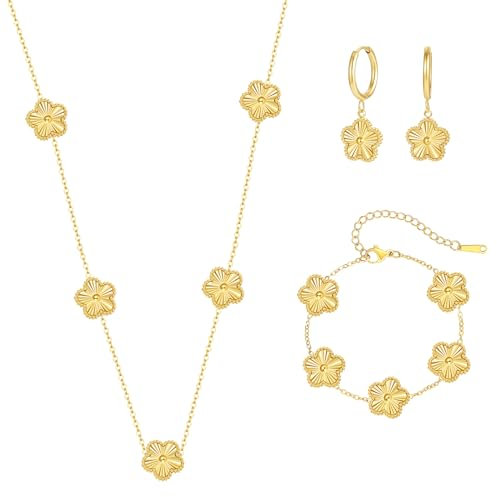 Myrnaist Gold Kleeblatt-Schmuckset mit Blumendesign, vierblättriges Kleeblatt, Halskette für Frauen, Glücksklee-Armband, Ohrringe für Mädchen, 3-teilig, Kleeblatt-Schmuck im Blumenstil, Geschenk