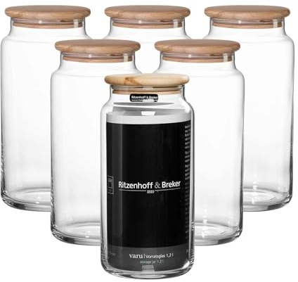 Ritzenhoff & Breker Varu Vorratsgläser 6er Set, 1200 ml, Lebensmittelbehälter mit Holzdeckel, Vorratsdosen mit luftdichtem Verschluss, ø 10 x 20 cm, Glas, Klar