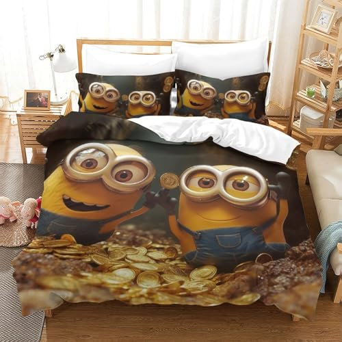 DFURNIOPE Minions 3Pcs 3D-Druck Bettbezüge Set Mit Reißverschluss Verschluss Bettwäsche Set Für Jugendliche Und Erwachsene +2Kissenbezug Double(200x200cm)