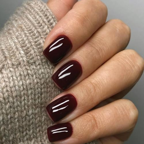 Wine Red Press-On Nails - 24pcs French False Nail - Short Square Fake Nails - Glossy Cherry Stick-On - Full Cover French Tip Nail for Women and Girls - Fingernail Art (12 Sizes)