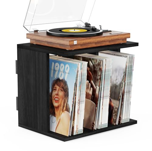 Emfogoo Supporto in vinile, in legno, con scatola in vinile, montaggio a parete, stile vintage, mobile in vinile con 3 scomparti, giradischi in vinile stand fino a 100 album, per soggiorno, ufficio