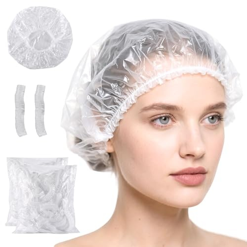200 cuffie da doccia usa e getta, in plastica elastica, impermeabili, per uso domestico, hotel, spa e parrucchiere (44 cm)