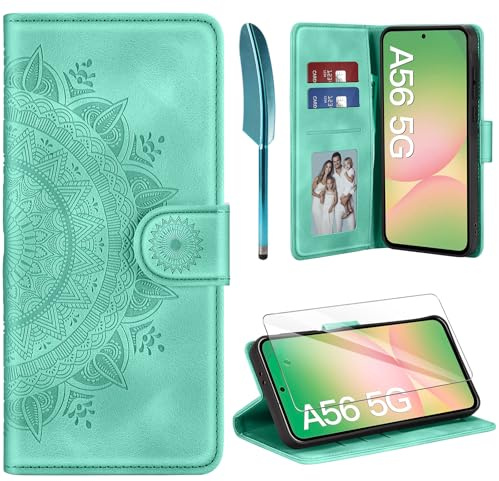 ivencase für Samsung Galaxy A56 5G Hülle und Schutzfolie, Hellgrün | Premium Klappbar Handyhülle, Magnet, Kartenfach, Ständer, PU Leder, Flip Wallet Schutzhülle