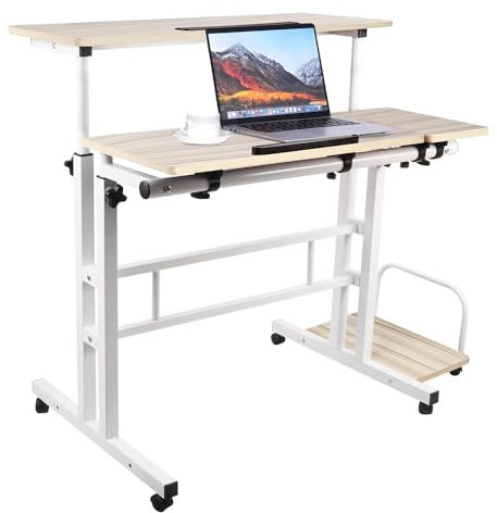 WODFARR Bureau Informatique avec roulettes, Petite Bureau d’Ordinateur avec Plateau d'accueil, Plateau de Table Inclinable, Postes de Travail Informatiques (Chêne Clair, 100x60x67-117 cm)