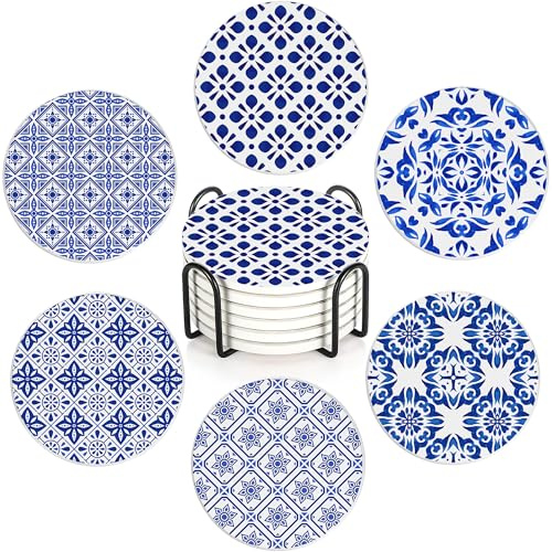 Handpainted Blue Pattern 6Pack Ceramic Drink Coasters,Quick-Absorb Stone Coasters with Anti-Slip Cork Backing & Metal Holder, Table Protectors for Kitchen Bar